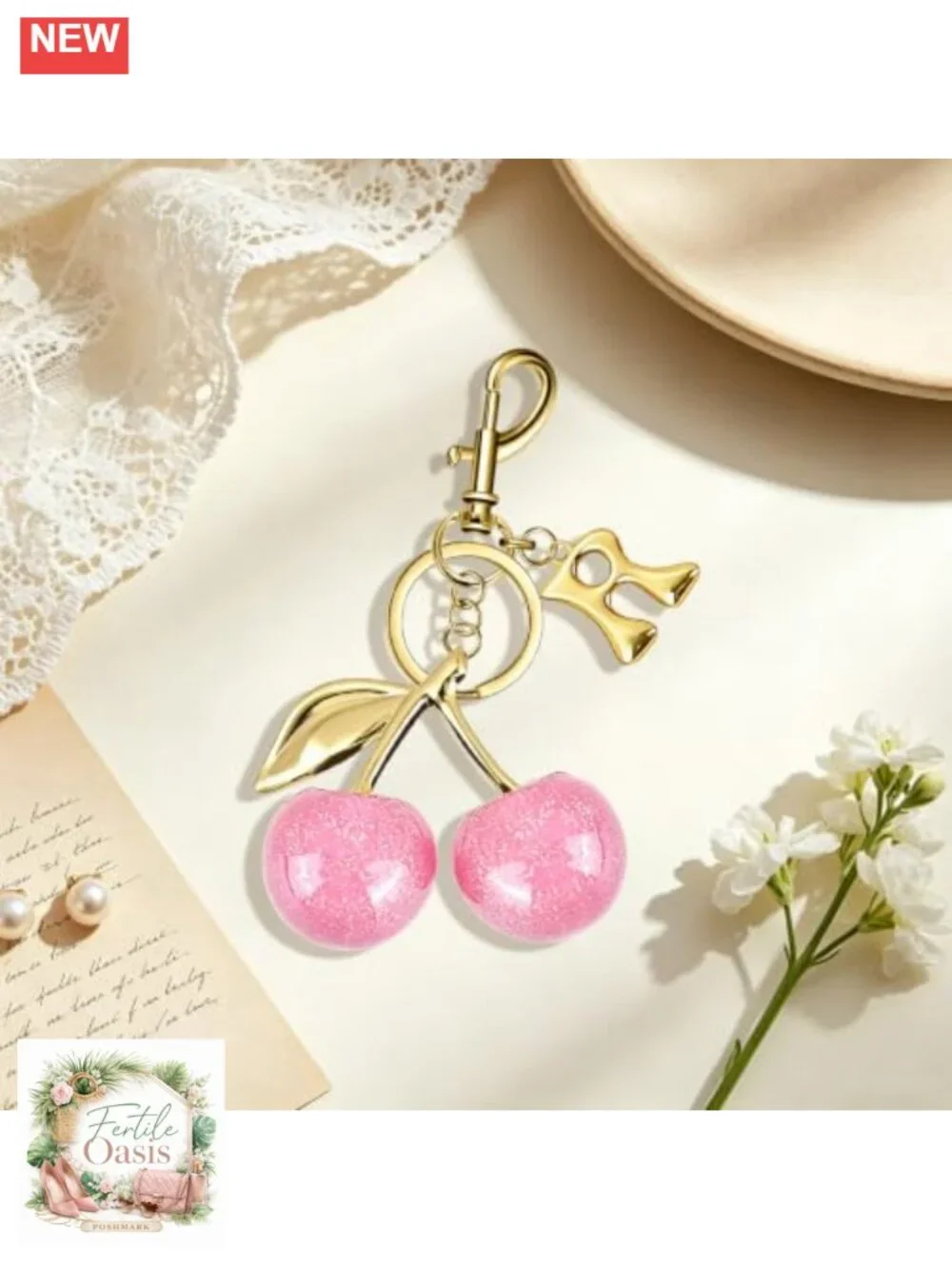 Cherry Initial Keychain Bag Charm, Gold Letter Purse Charm, Lobster Clasp